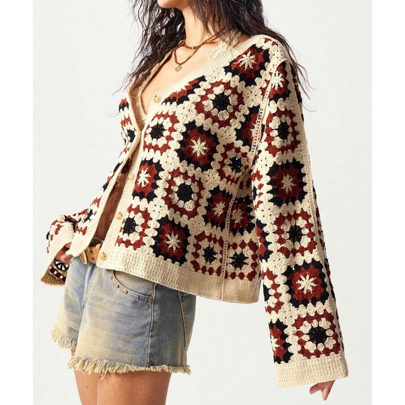 Cozy Crochet Patchwork Button Down Oversized Cardigan - Picture 6 of 7